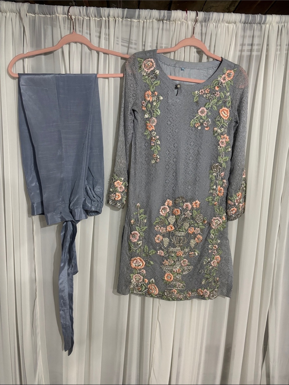 Blue Floral Embroidered Tunic Set